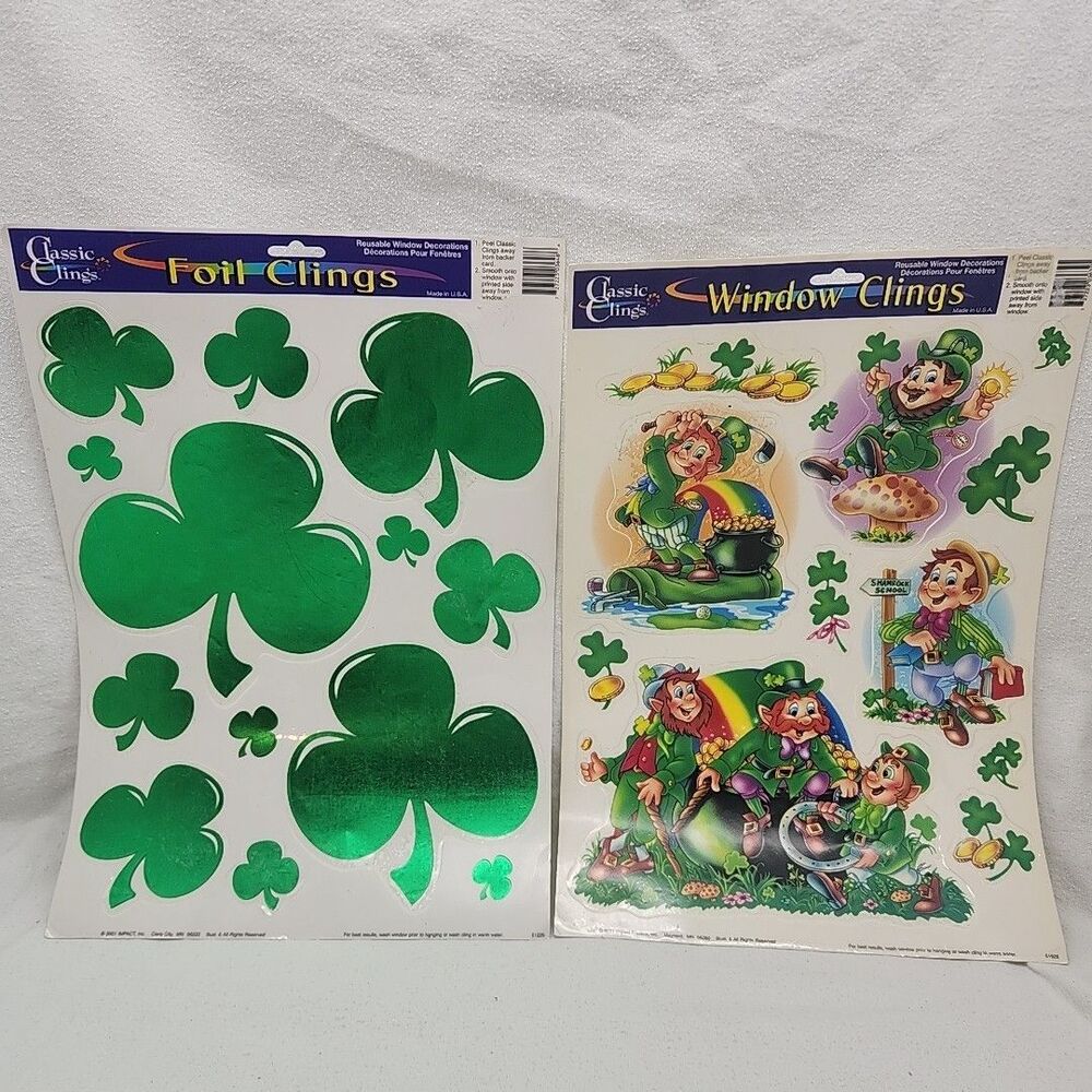 Window Cling ST Patrick's Day  Leprechauns Gold Foil Shamrocks Golfing 24 Total